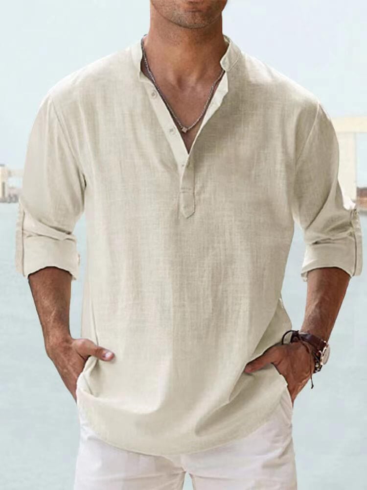 Herren-Eiscreme-Baumwoll-Leinen-Casual-Langarmhemd