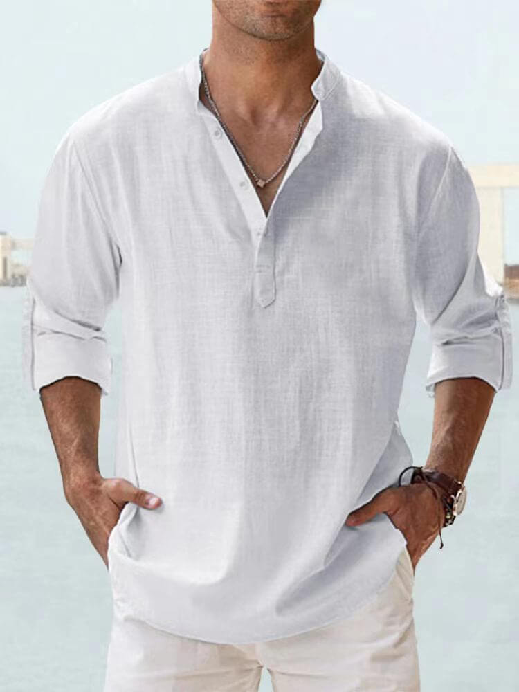 Herren-Eiscreme-Baumwoll-Leinen-Casual-Langarmhemd
