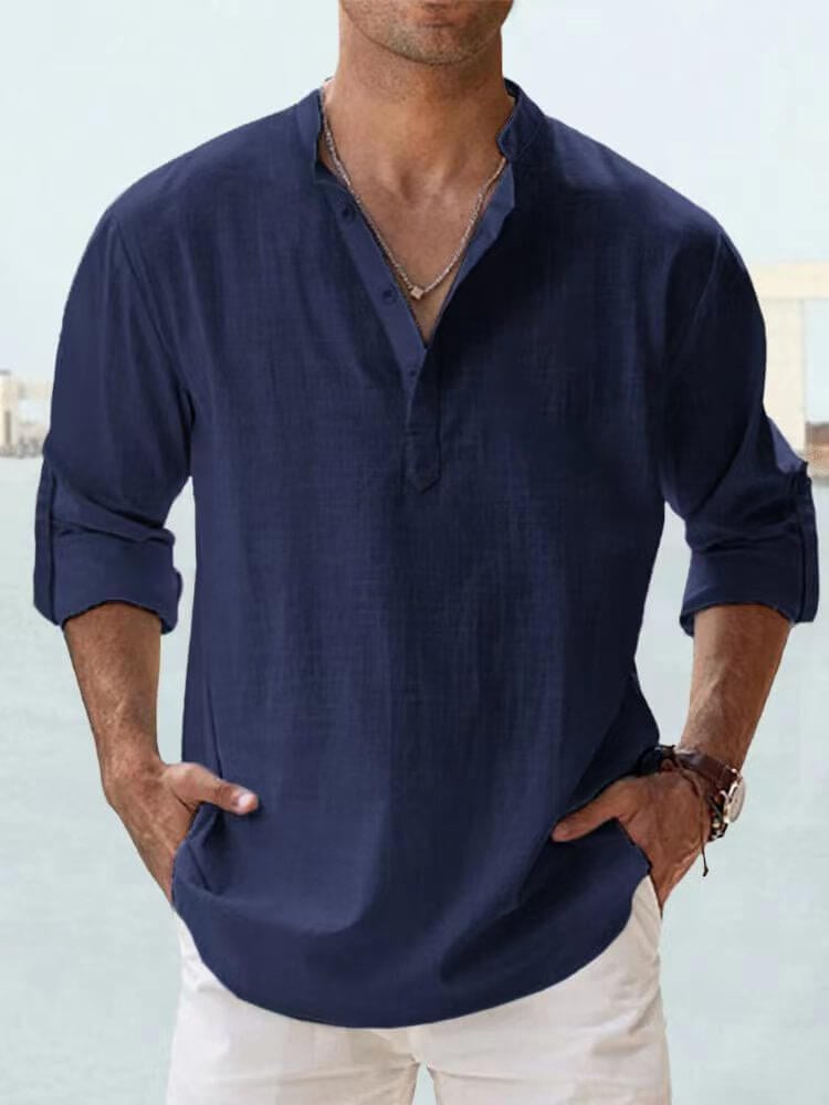 Herren-Eiscreme-Baumwoll-Leinen-Casual-Langarmhemd