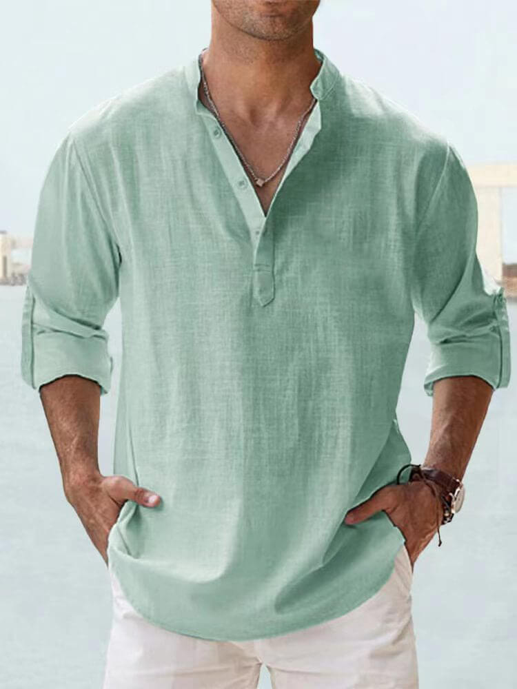Herren-Eiscreme-Baumwoll-Leinen-Casual-Langarmhemd