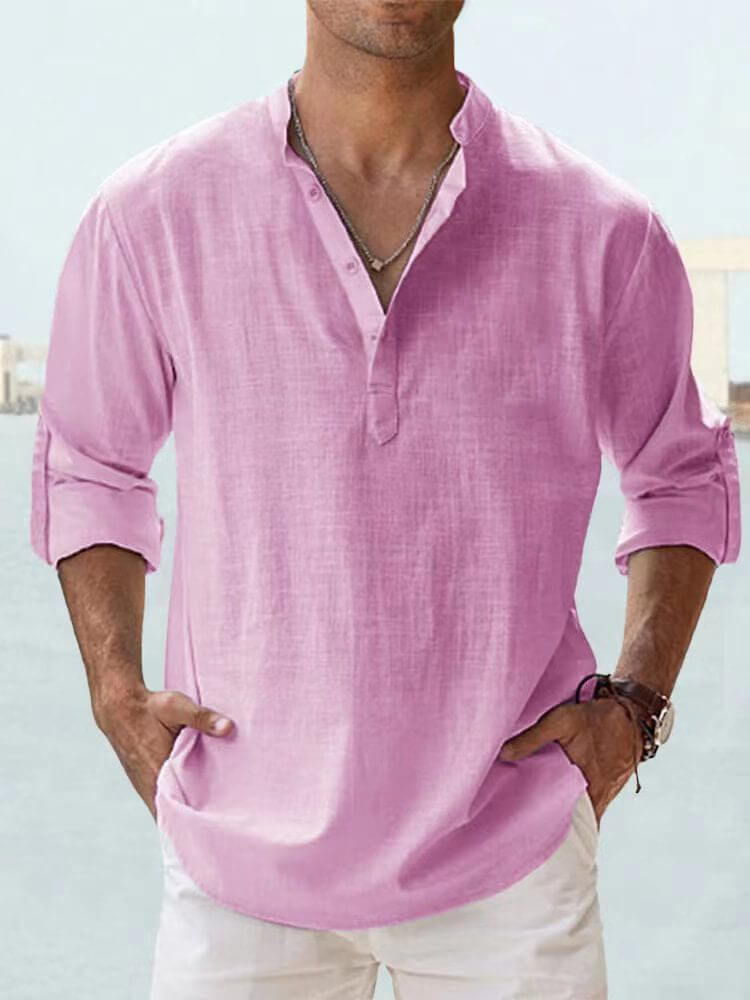 Herren-Eiscreme-Baumwoll-Leinen-Casual-Langarmhemd