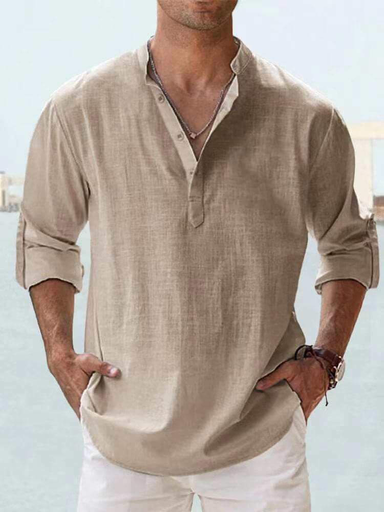 Herren-Eiscreme-Baumwoll-Leinen-Casual-Langarmhemd