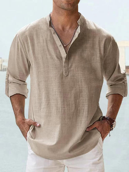 Herren-Eiscreme-Baumwoll-Leinen-Casual-Langarmhemd