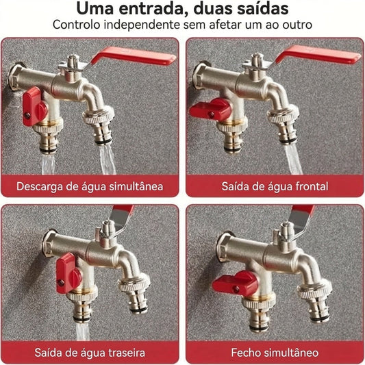 🔥Desconto de 41% no último dia!🔥Torneira de Jardim Universal em Aço Inoxidável com Duas Saídas – Válvulas Independentes, Resistente e de Fácil Instalação