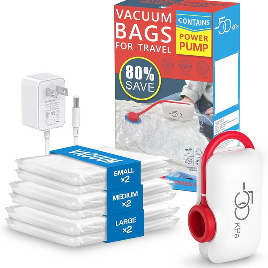 🔥Conjunto de 6 sacos de compressão para aspirador elétrico USB - Economize espaço, viaje leve!