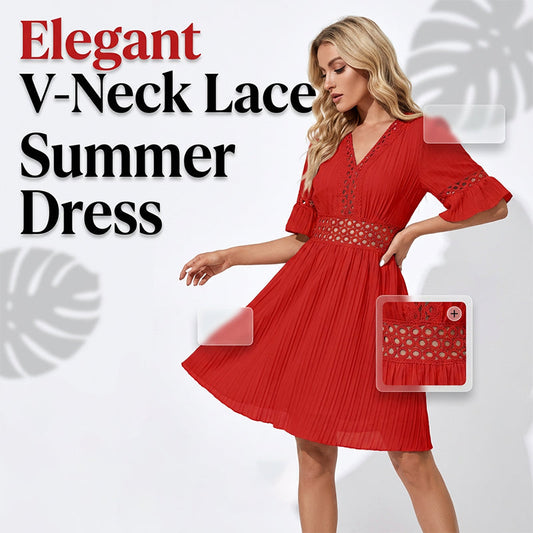 🔥50% DESCONTO 💥 Vestido chique com decote em V e detalhes em renda vazada | Estilo elegante e feminino para o dia a dia 👗✨