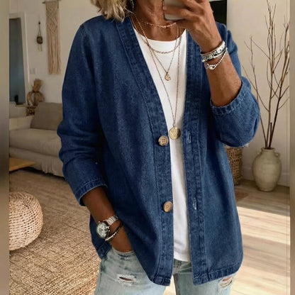 ✨ Promoção– 50% OFF ✨Casaco de Jeans Clássico com Botões | Estilo Atemporal e Confortável para Mulher